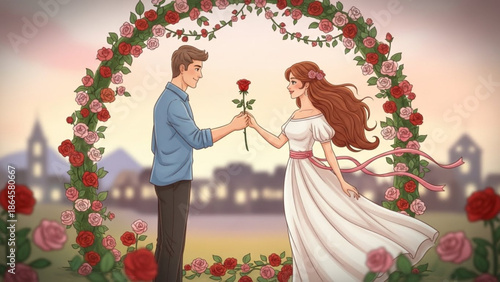 A young couple exchanging a single red rose under a beautiful arch of pink and red roses with a romantic city backdrop.