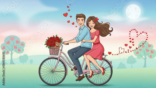 A happy cartoon couple enjoying a romantic bicycle ride together under a full moon, with hearts floating around them in a whimsical landscape.