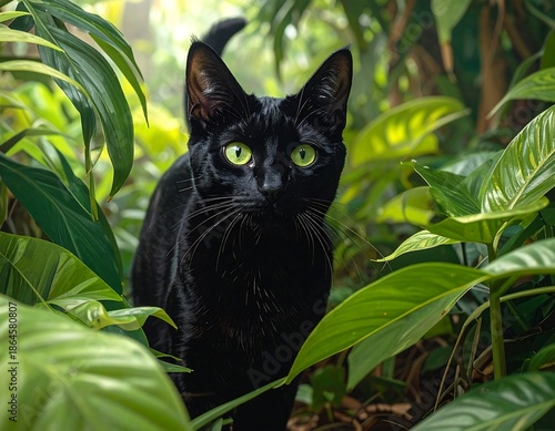 Glossy black cat peers forward amid lush, verdant tropical foliage