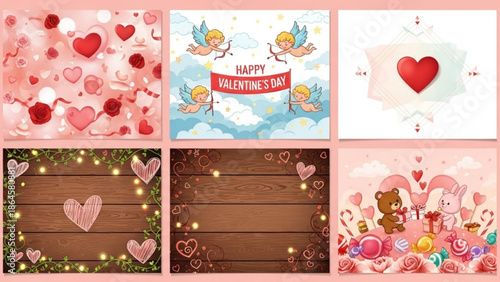 A collection of six charming Valentine's Day themed illustrations, ranging from abstract hearts and roses to cute cupid characters and cozy wooden backgrounds.