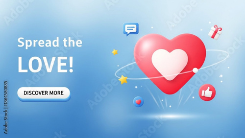 A modern digital graphic illustrating a stylized heart with orbiting social media icons and a call to action button, promoting the concept of spreading love online.