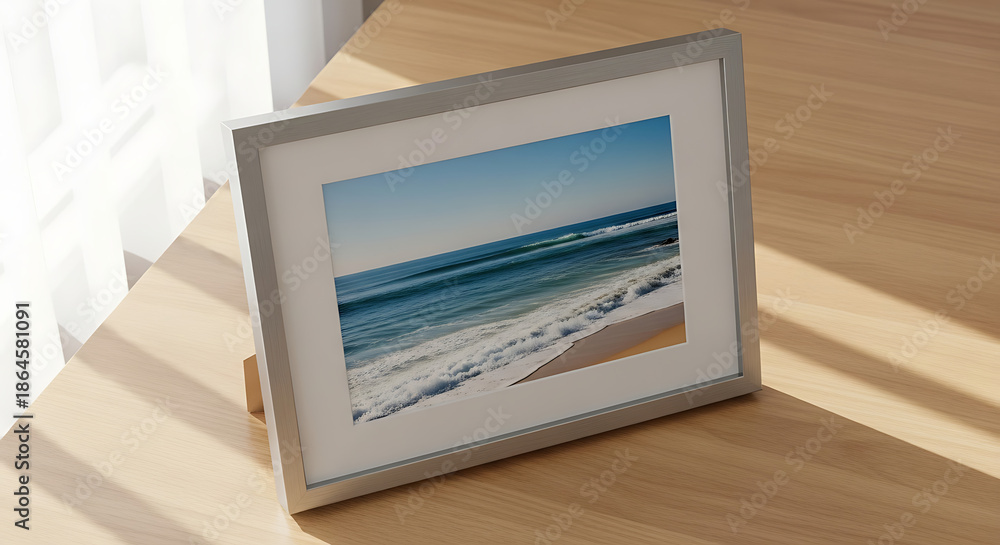 Fototapeta premium Framed beach scene displayed on a wooden surface with natural light creating soft shadows nearby