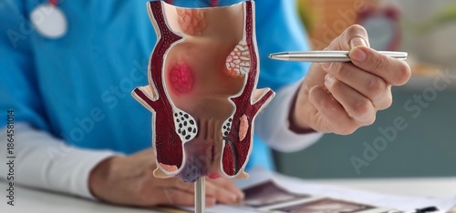 Schilderij op canvas Doctor with rectum and hemorrhoid human anatomy model at hospital, inflamed vasc