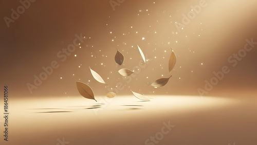 Golden autumn leaves gently swirling and falling in a warm, illuminated, ethereal space with sparkling dust motes.
