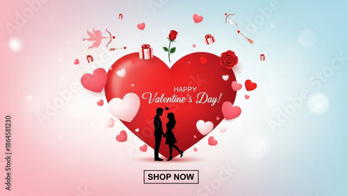 A vibrant Valentine's Day banner featuring a romantic silhouette of a couple holding hands inside a large red heart, surrounded by festive elements and a 'Shop Now' call to action.