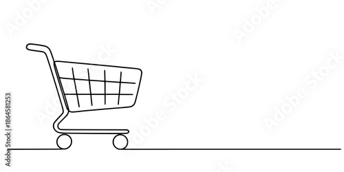 Cart in Line: Minimalist Shopping Icon, A clean line drawing of a shopping cart, symbolizing retail, commerce, and consumer activity