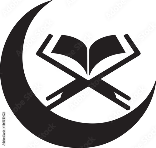 Open book with crossed swords inside crescent moon