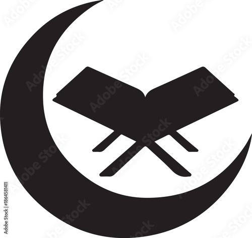 Open book inside crescent moon symbol black