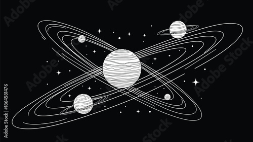 Stylized black and white line art illustration depicts several ringed planets orbiting within a dense, star-filled cosmic field