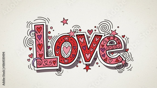 Love Doodle Art: A vibrant doodle art piece, artistically illustrating the word Love with hearts, stars, and playful swirls, representing affection, tenderness, and romance.