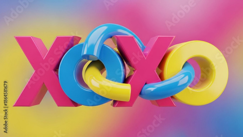 A vibrant 3D rendering of the letters XOXO interlocking in bright blue, yellow, and pink colors against a playful gradient background, symbolizing hugs and kisses.