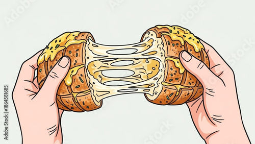 Hands holding a cheesy bagel being pulled apart to show melted cheese strings on a sesame seed bagel with a light background with food and snack with meal