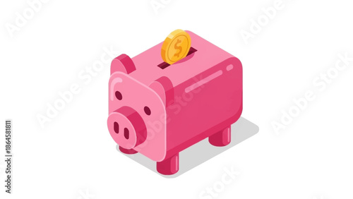Isometric Pink Piggy Bank with Golden Coin for Savings and Future Financial Growth