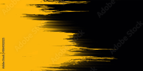 Abstract grunge background featuring bold yellow brush strokes with halftone texture on a black backdrop. The high-contrast color combination creates a strong