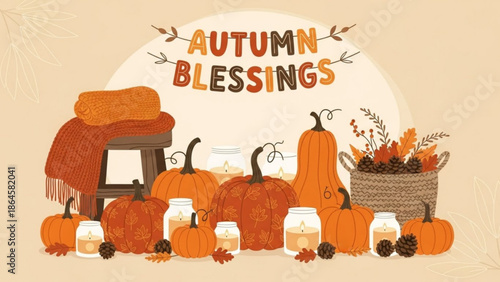Autumn blessings greeting card with pumpkins, gourds, candles, and fall leaves on a beige background with warm orange tones and rustic elements with harvest