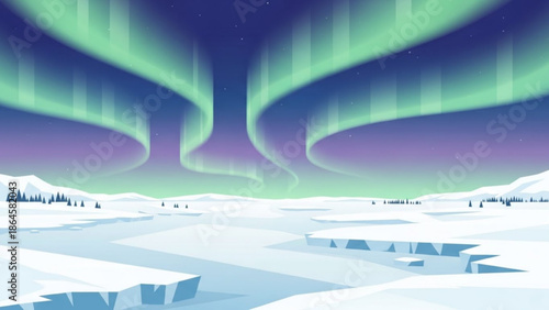 Vibrant green and purple aurora borealis dancing above snowy landscape with icebergs and trees under starry night sky with northern lights and stars