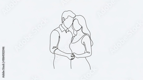 A minimalist continuous line art illustration depicting a man and woman embracing lovingly, symbolizing an intimate and tender connection between two individuals.