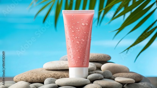 Pink cosmetic lotion tube with water droplets displayed on stacked beach stones outdoors