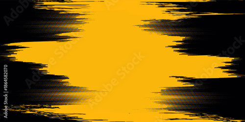 Abstract grunge background featuring bold yellow brush strokes with halftone texture on a black backdrop. The high-contrast color combination creates a strong