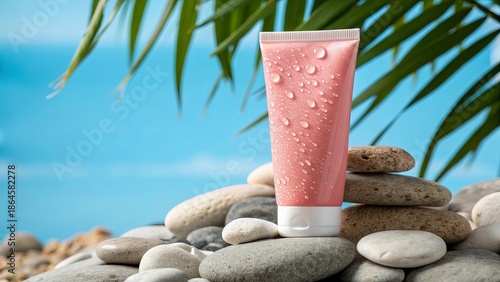 Pink cosmetic lotion tube with water droplets displayed on stacked beach stones outdoors