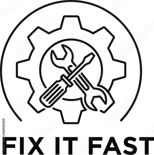 Simple black and white line art icon representing mechanical repair service featuring crossed wrench and screwdriver inside a gear