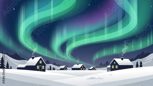 Snowy village under vibrant green aurora borealis at night with lit houses and trees with northern lights and winter scene and night sky and green with dark sky