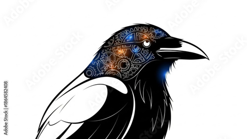A black bird with a colorful mechanical head, featuring gears and cogs in shades of blue, orange, and white on a white background, conveying a sense