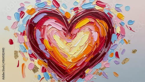 A vibrant and richly textured abstract heart painting created with thick impasto brushstrokes and palette knife techniques, surrounded by colorful scattered paint flecks.