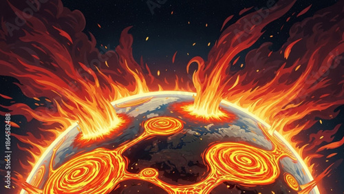 Vibrant illustration of a burning earth with swirling flames and orange glowing lava flows on its surface against a dark starry night sky with apocalyptic scene