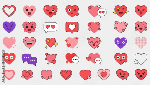 A distinct collection of various heart-shaped emojis and stylized icons showcasing different emotions and communication symbols, organized in a clean grid layout.