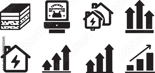 Black and white icons of business growth and electricity
