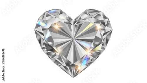 A beautifully faceted and brilliantly sparkling heart-shaped diamond gemstone, exhibiting vibrant rainbow chromatic aberrations against a pure white background.