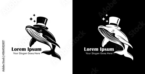 Logo design in the form of a whale wearing a magician's hat