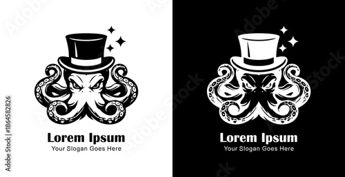 Logo design in the form of an octopus wearing a magician's hat
