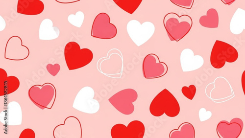 A delightful and romantic seamless pattern featuring an assortment of red, pink, and white heart shapes scattered across a soft pink background.