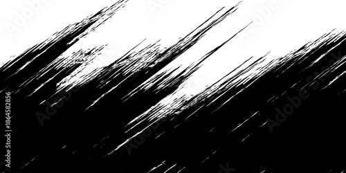 Abstract black and white grunge background featuring rough brush strokes and distressed texture. The sharp contrast between dark and light areas creates a dramatic,