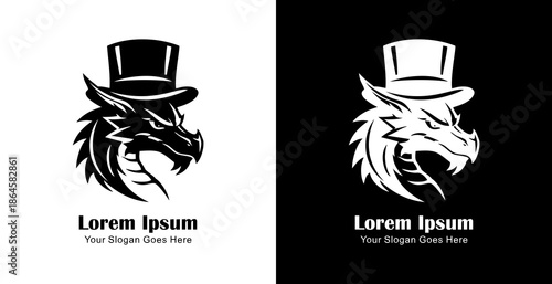Logo design in the form of a dragon head wearing a magician's hat