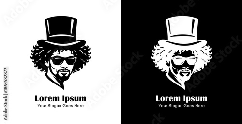 The logo design is a man's head with curly hair wearing a magician's hat