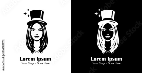 Logo design in the form of a young woman's head with straight hair wearing a magician's hat