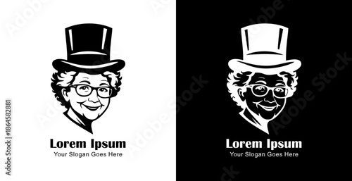 Logo design in the form of an old woman's head wearing a magician's hat