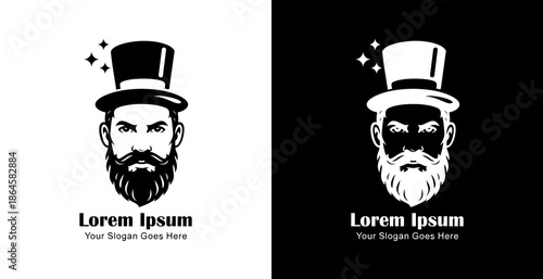The logo design is a bearded man's head wearing a magician's hat