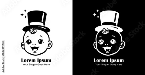 Logo design in the shape of a baby's head wearing a magician's hat