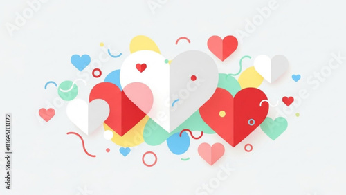 A vibrant collection of multi-colored paper-cut style hearts and geometric shapes forms an artistic arrangement on a soft, light gray background, radiating joy and celebration.