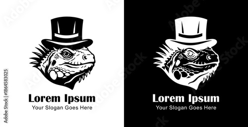 Logo design in the shape of an iguana head wearing a magician's hat