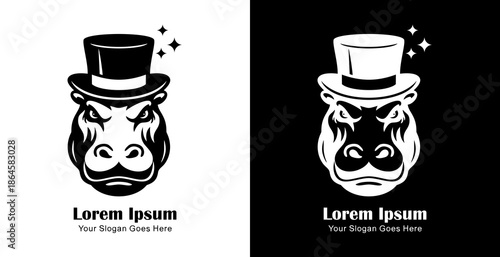 Logo design in the shape of a hippopotamus head wearing a magician's hat