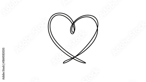 A minimalist continuous single black line drawing creates an elegant heart shape against a clean white background, conveying simplicity and love.