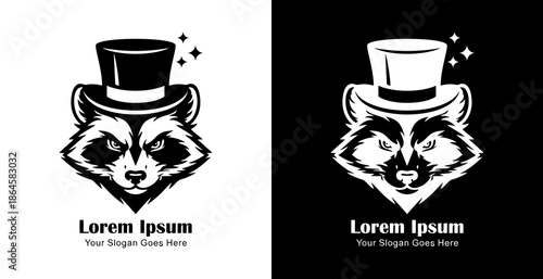 Logo design in the shape of a raccoon head wearing a magician's hat