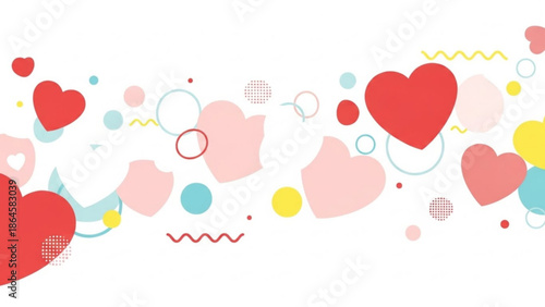A lively scattering of colorful hearts and playful abstract geometric elements creates a joyful and celebratory pattern across a clean white background, perfect for romantic themes.
