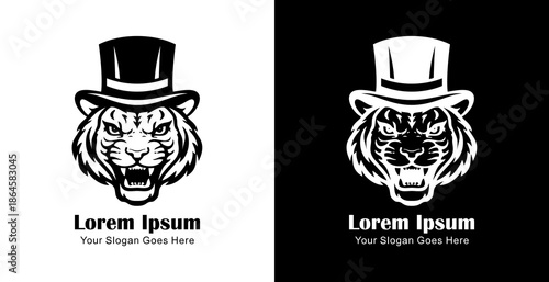 Logo design in the form of a tiger's head wearing a magician's hat