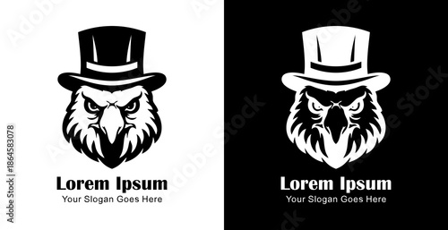 Logo design in the shape of an eagle's head wearing a magician's hat